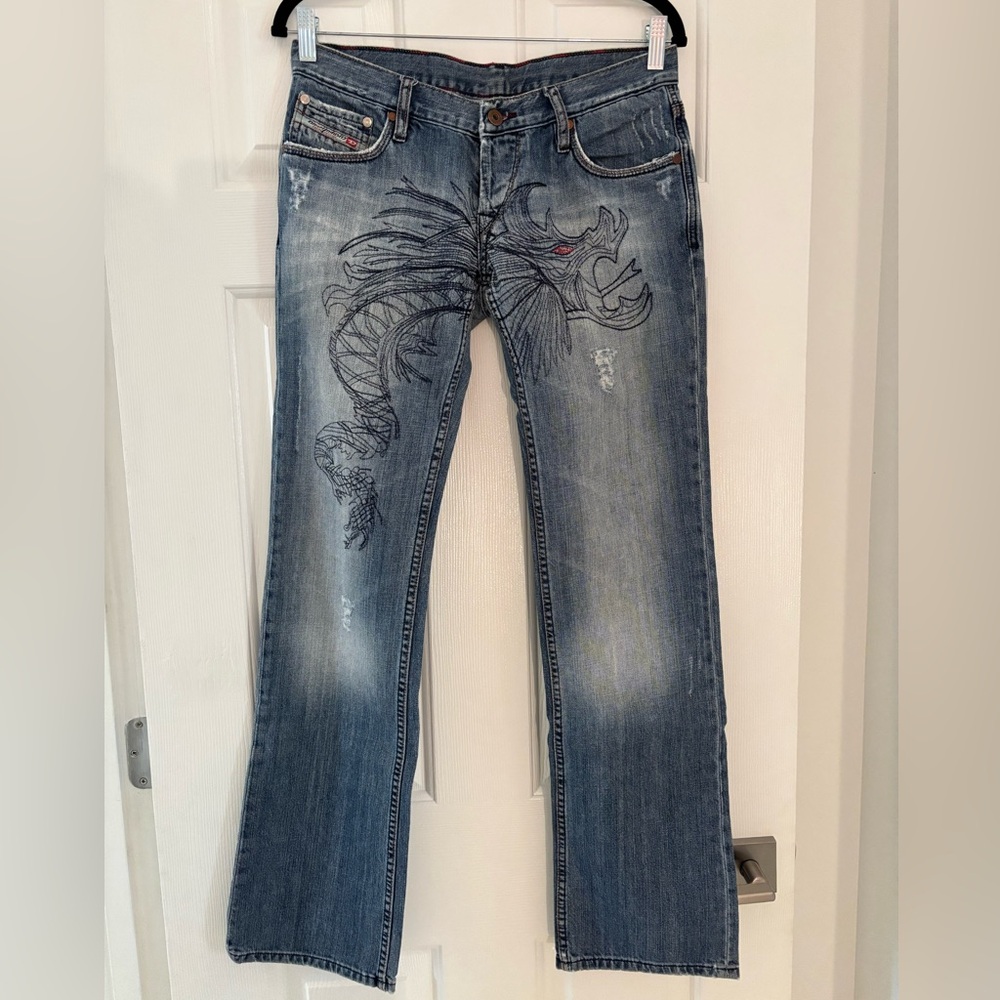 Vintage 90’s/Y2K Diesel Embroidered Dragon Low-Rise Button-Fly Jeans - Rare!